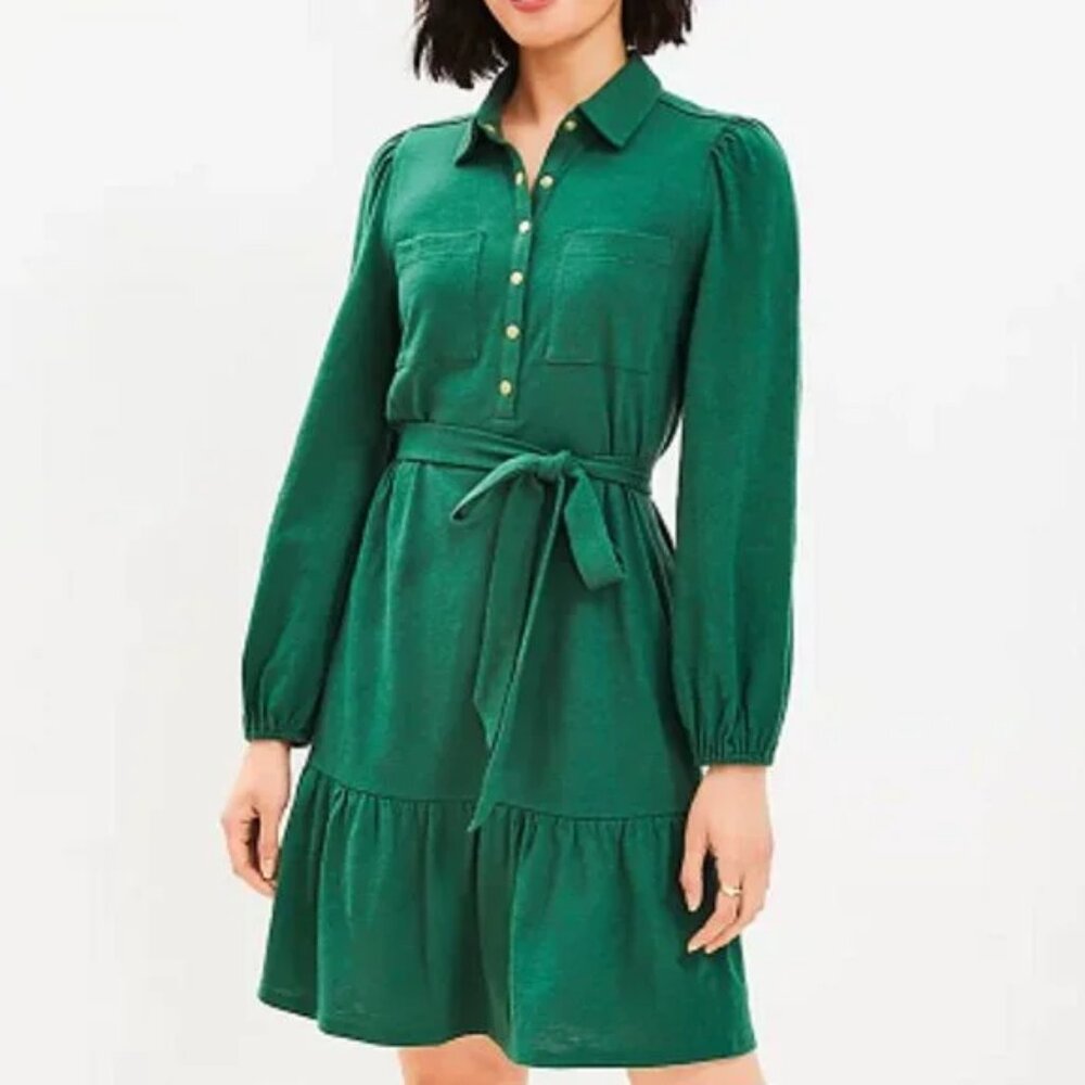 LOFT Green Tie-Front Flounce Dress - Size XL